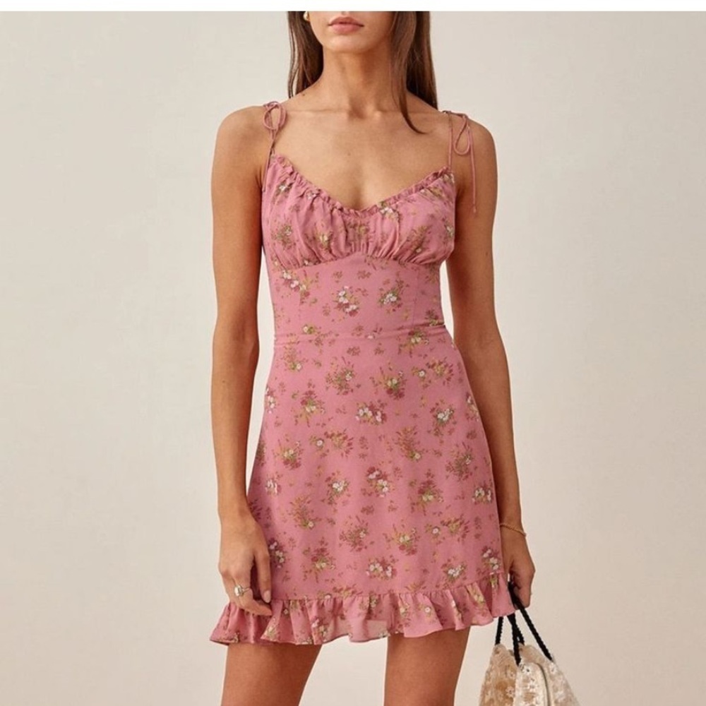 Reformation Pink Floral Tie-Strap Mini Dress